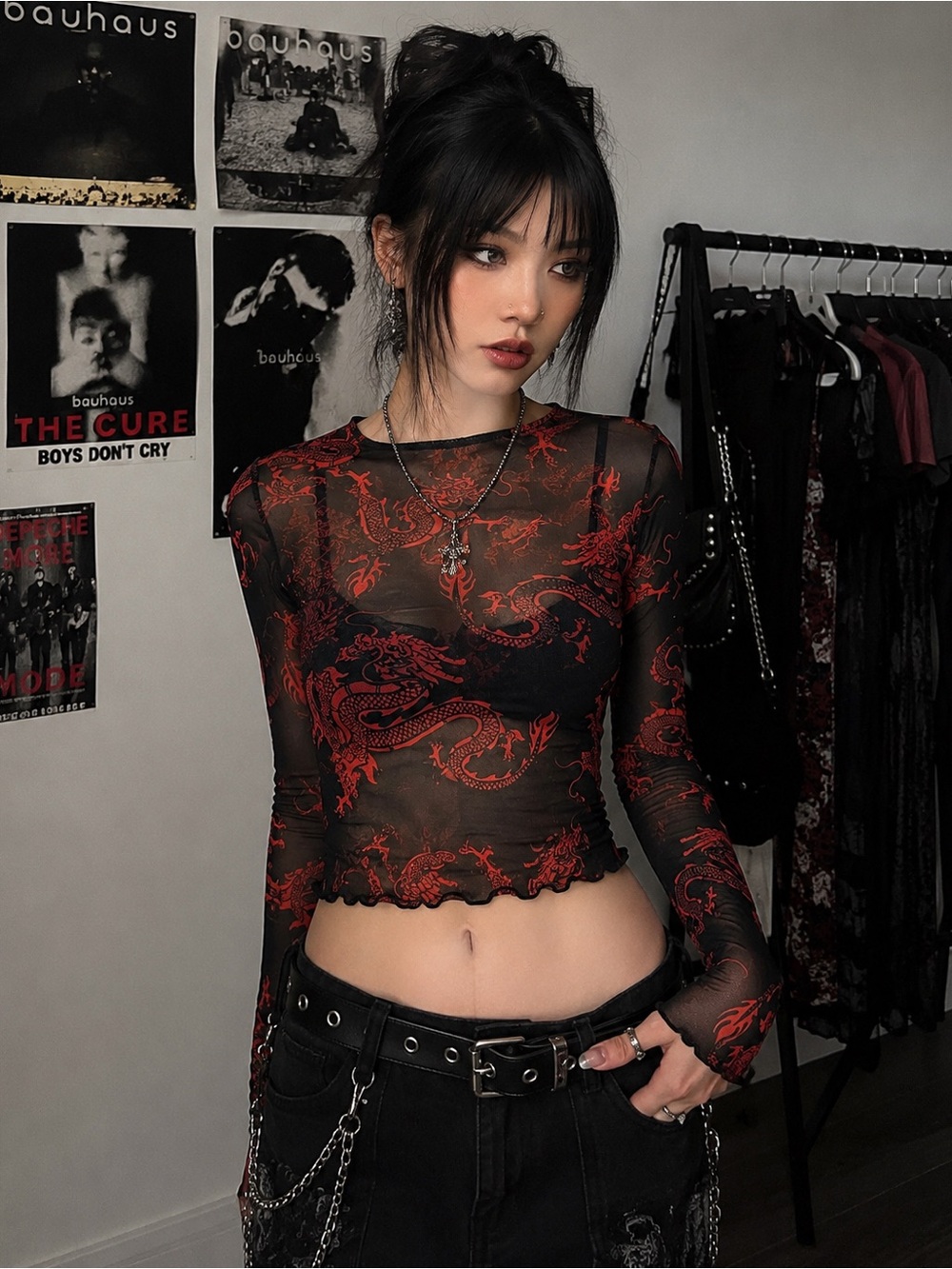 Bear Dance Dragon Mesh Crop Top Sheer Y2K Grunge Goth Long Sleeve S